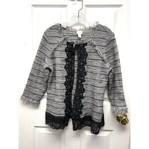 Chico’s Sweater Open Front Cardigan Lace Trim Frayed Edges Size 2 or Womens L